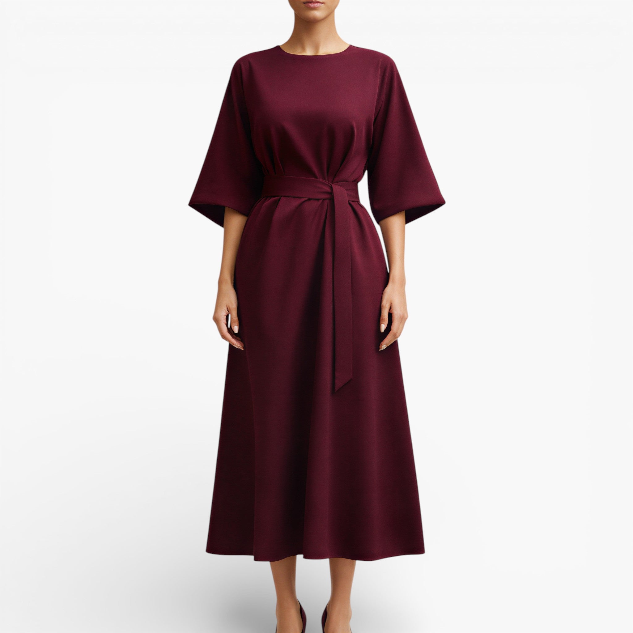 Women's V Neck Midi Dress Belted Waist Flowy Casual Dress – Maison Vyke