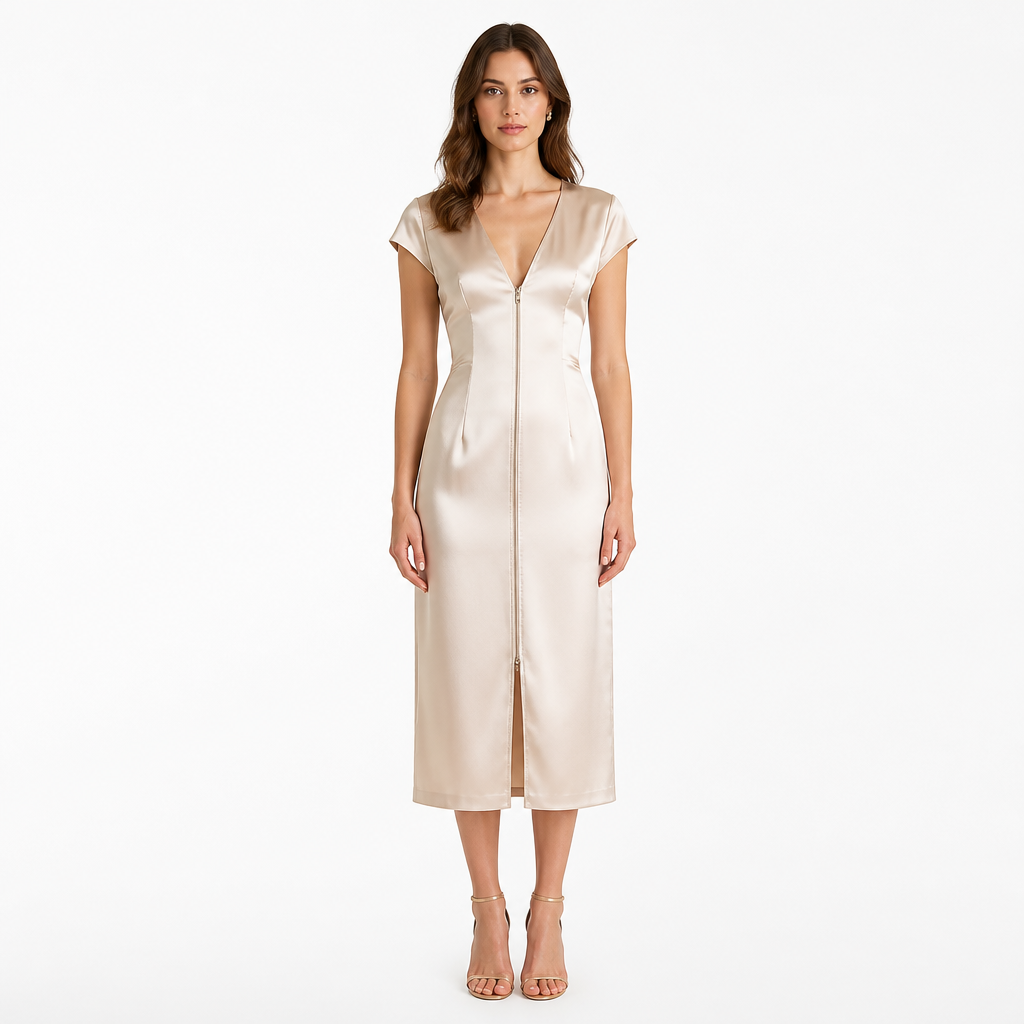 Satin V-Neck Short-Sleeve Midi Dress for Holiday Events – Maison Vyke