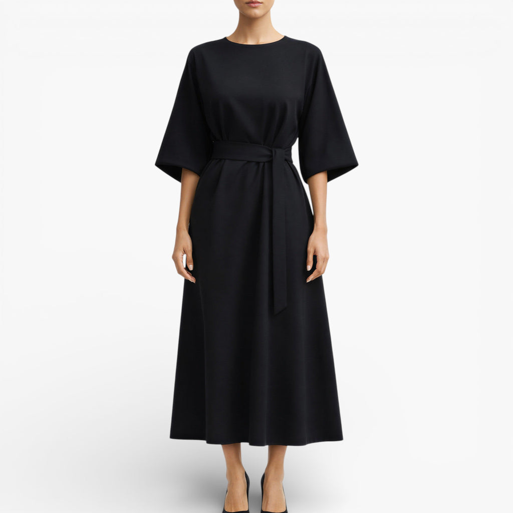 Women’s V Neck Midi Dress Belted Waist Flowy Casual Dress