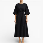 Women’s V Neck Midi Dress Belted Waist Flowy Casual Dress