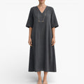 Women’s Vegan Linen feel Midi Dress – Breathable V-Neck Summer Dress