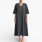 Women’s Vegan Linen feel Midi Dress – Breathable V-Neck Summer Dress