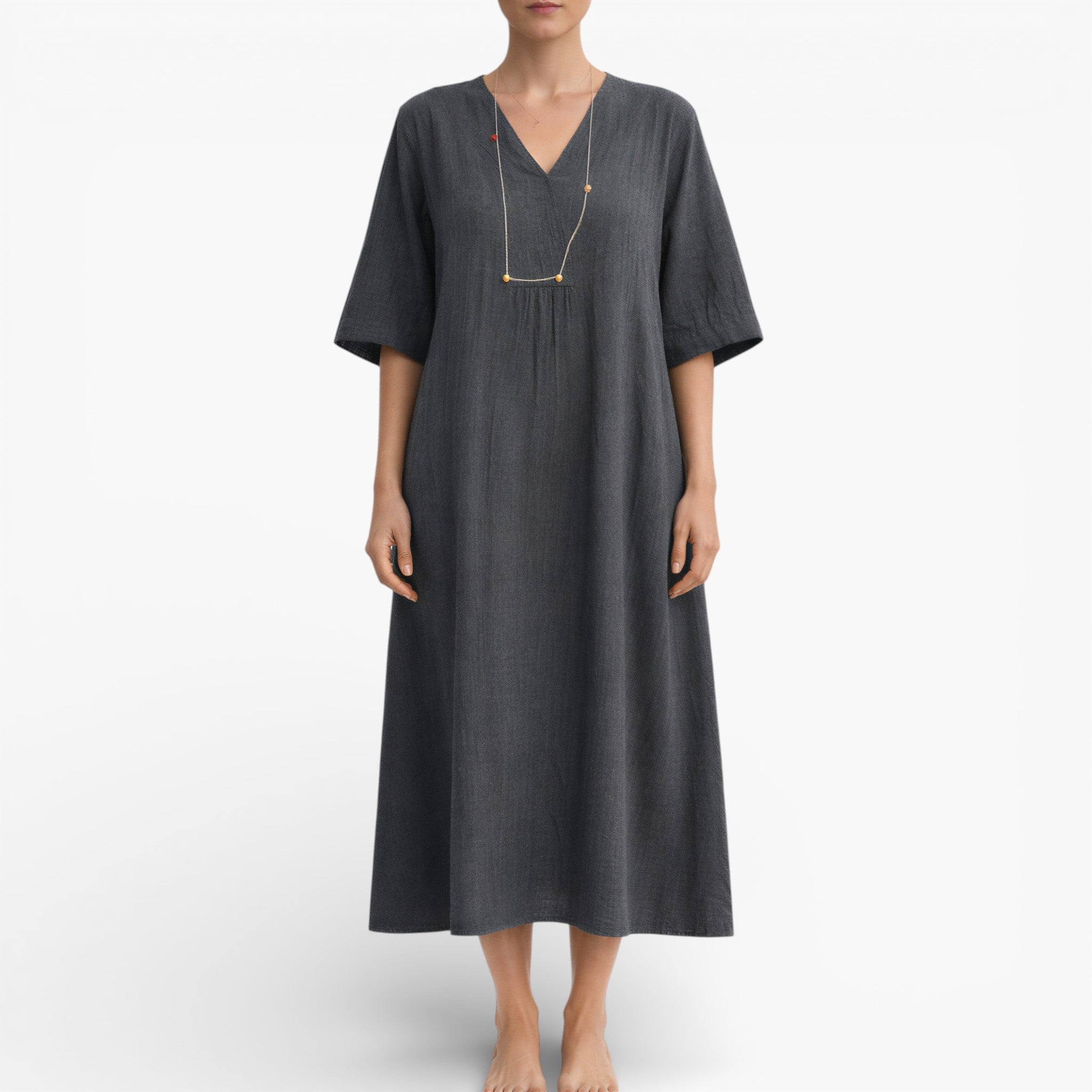 Women’s Vegan Linen feel Midi Dress – Breathable V-Neck Summer Dress