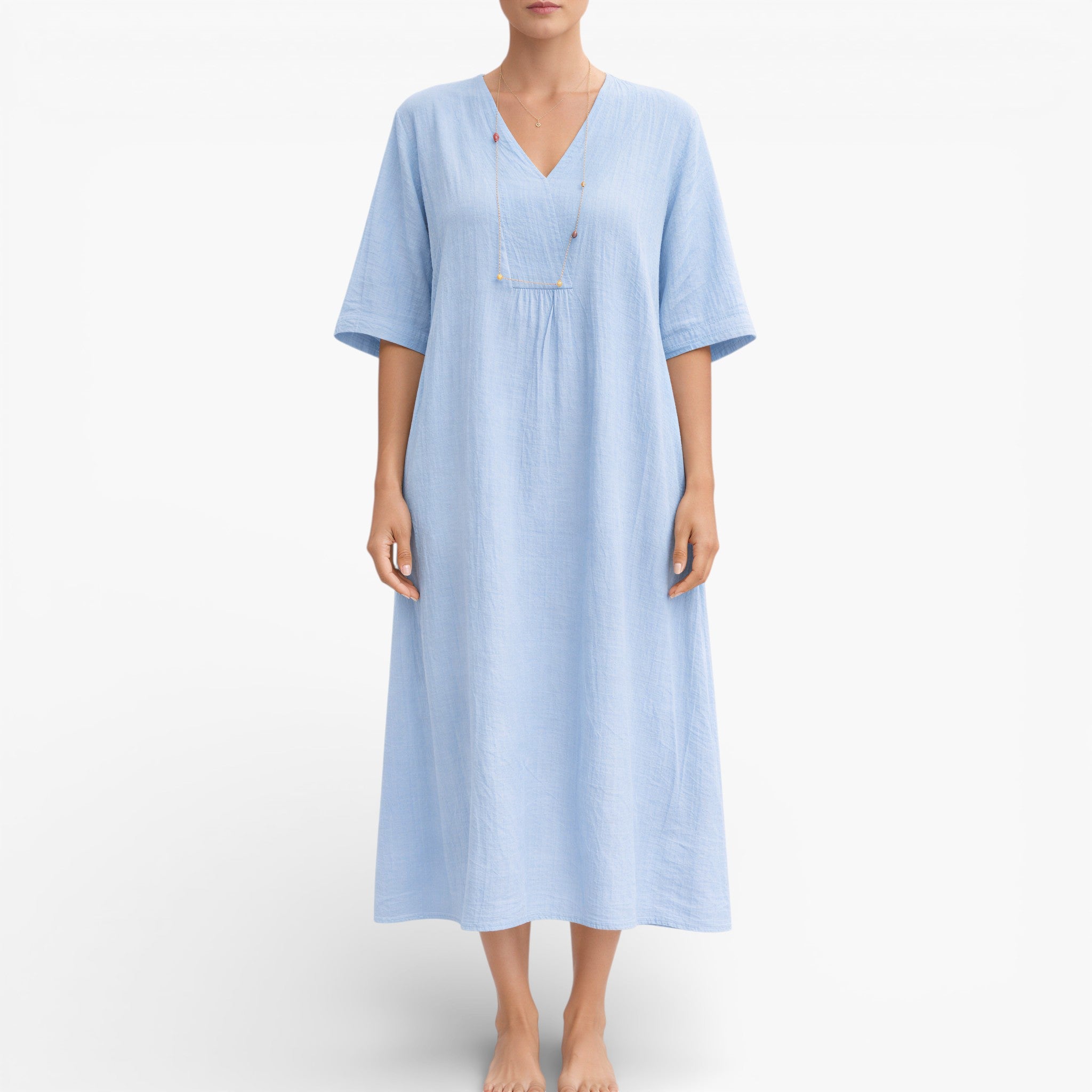Women’s Vegan Linen feel Midi Dress – Breathable V-Neck Summer Dress
