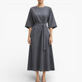 Women’s V Neck Midi Dress Belted Waist Flowy Casual Dress