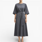 Women’s V Neck Midi Dress Belted Waist Flowy Casual Dress