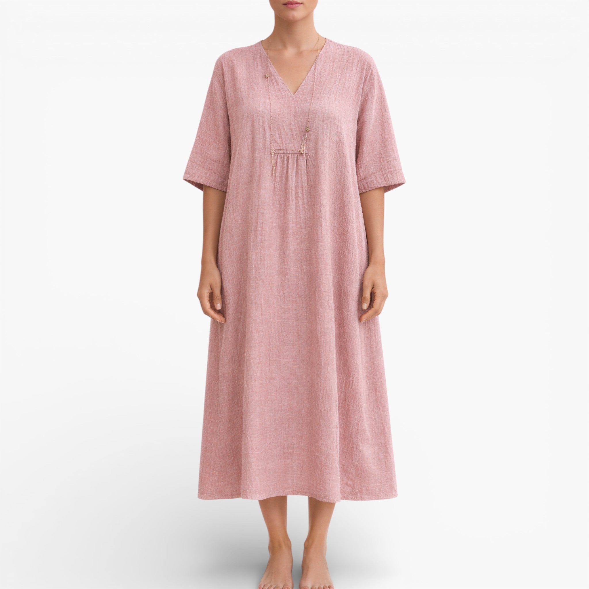 Women’s Vegan Linen feel Midi Dress – Breathable V-Neck Summer Dress