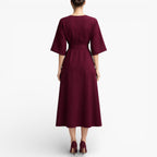 Women’s V Neck Midi Dress Belted Waist Flowy Casual Dress
