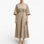 Women’s V Neck Midi Dress Belted Waist Flowy Casual Dress