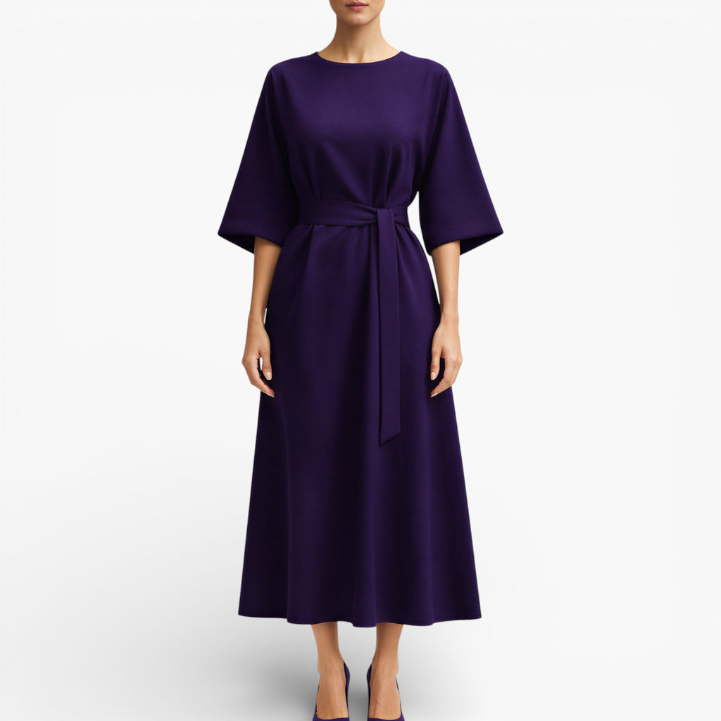 Women’s V Neck Midi Dress Belted Waist Flowy Casual Dress