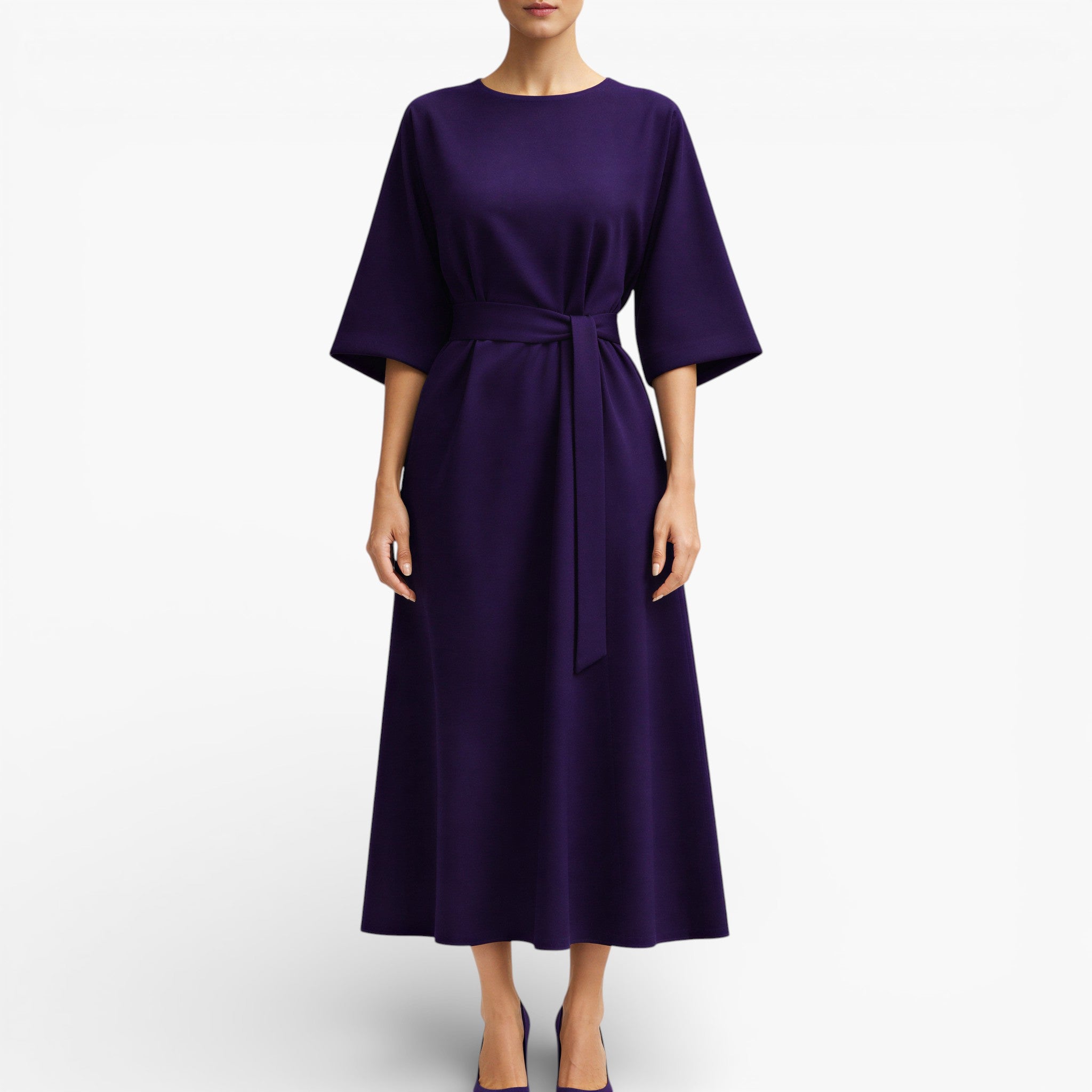 Women’s V Neck Midi Dress Belted Waist Flowy Casual Dress