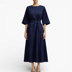 Women’s V Neck Midi Dress Belted Waist Flowy Casual Dress