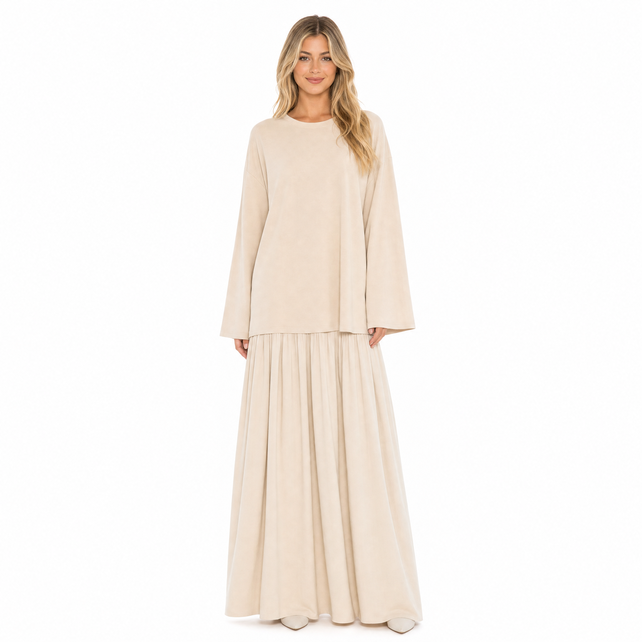 Cream oversized knit top and tiered maxi skirt set - front