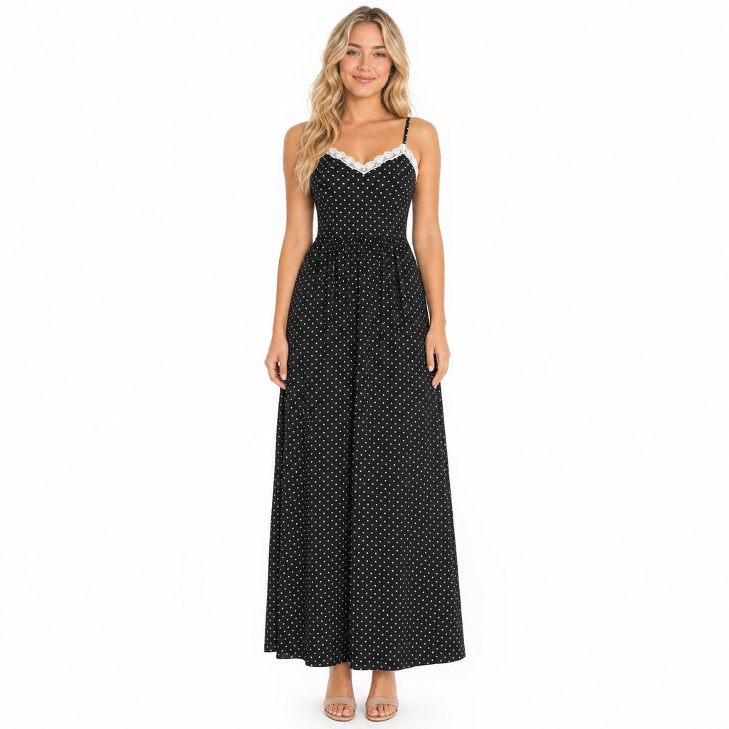 Black polka-dot lace maxi dress - front