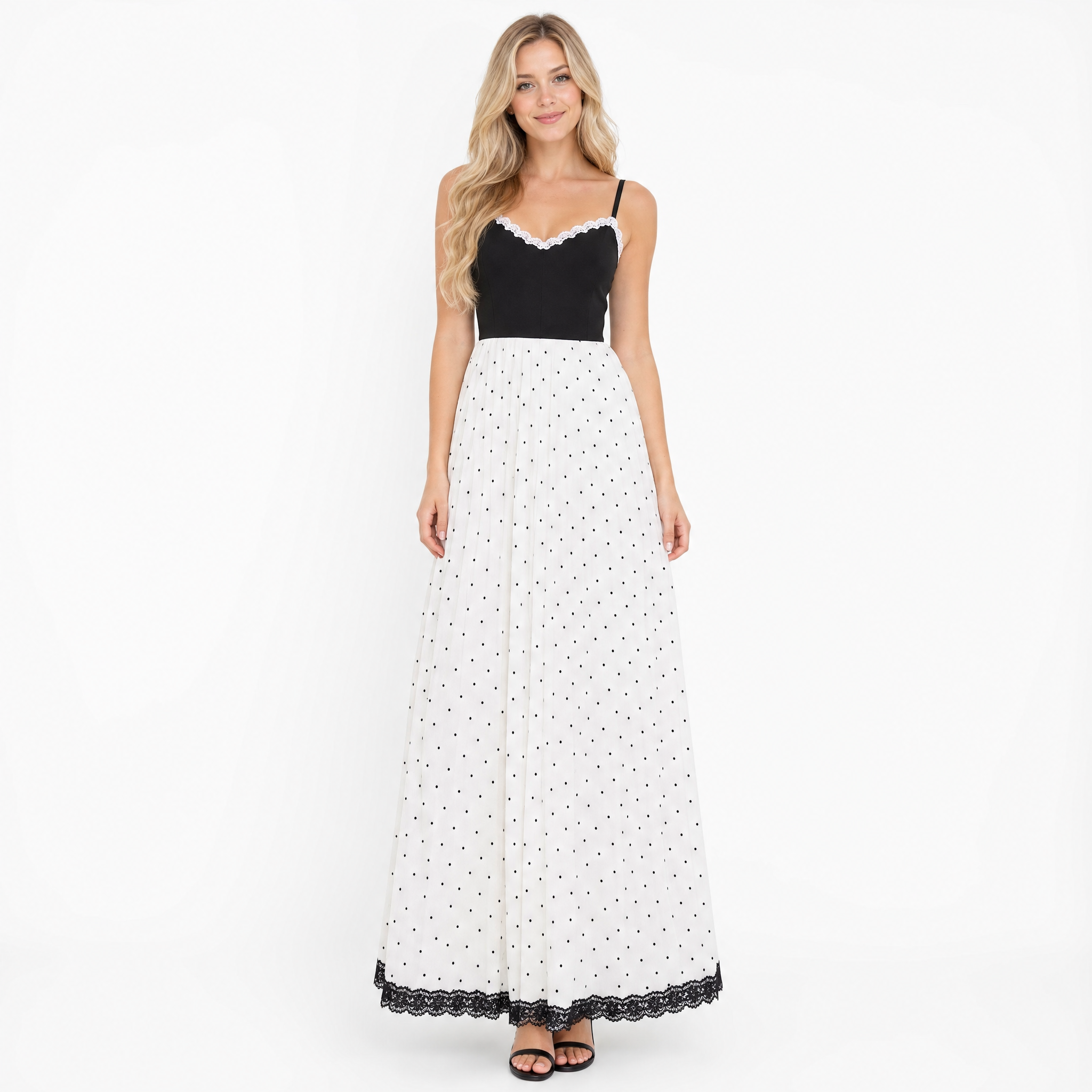 Black and white colour-block polka-dot maxi dress - front