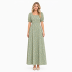 Sage green vintage floral puff-sleeve maxi dress - front