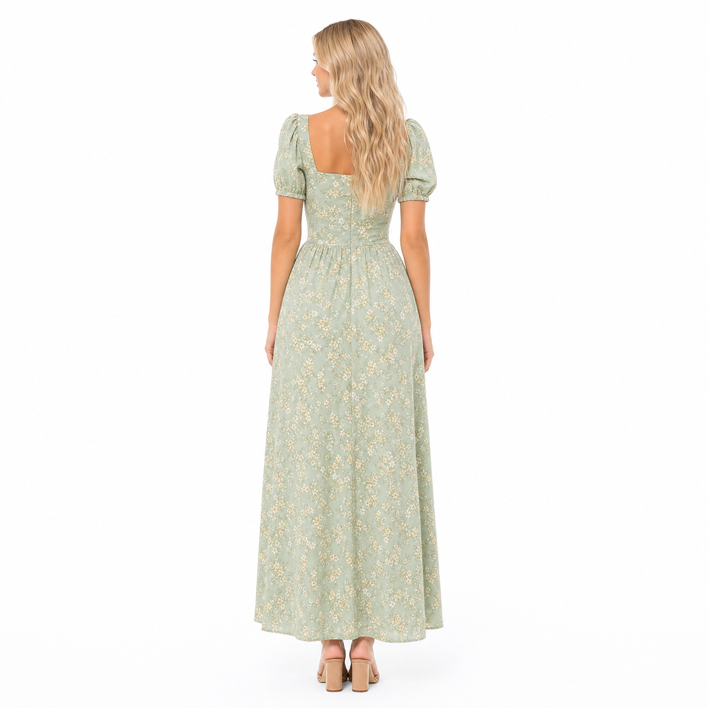 Sage green vintage floral puff-sleeve maxi dress - back