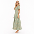 Sage green vintage floral puff-sleeve maxi dress - side