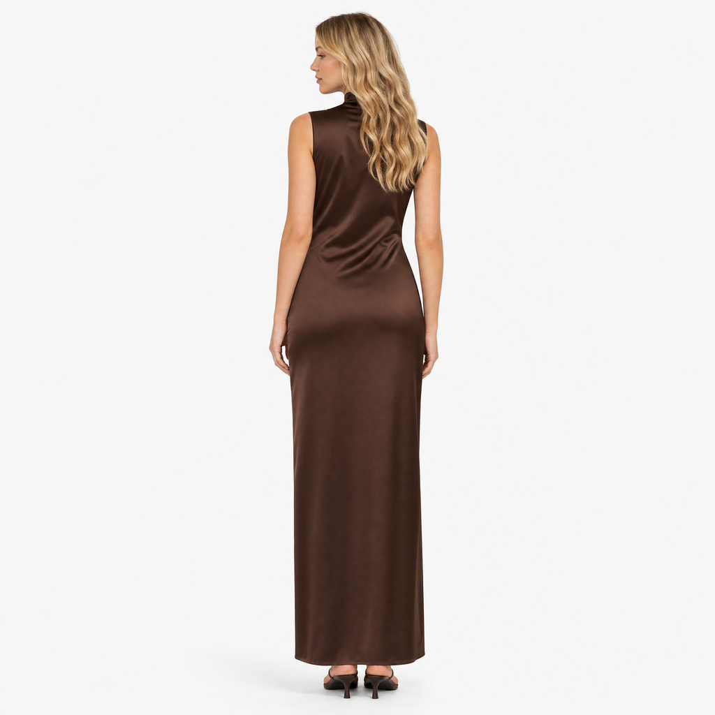 Coffee high-neck satin bodycon maxi dress - back