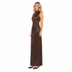Coffee high-neck satin bodycon maxi dress - side