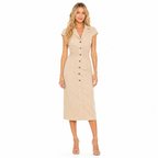Women's beige denim lapel midi dress - front