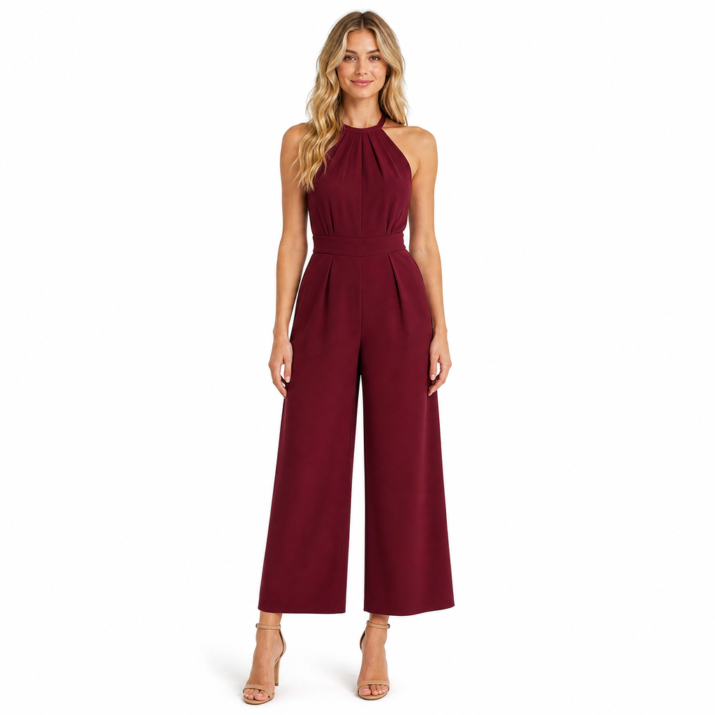 Women's burgundy halter pleated wide-leg jumpsuit - front