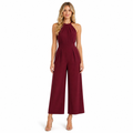 Women's burgundy halter pleated wide-leg jumpsuit - front