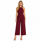 Women's burgundy halter pleated wide-leg jumpsuit - front