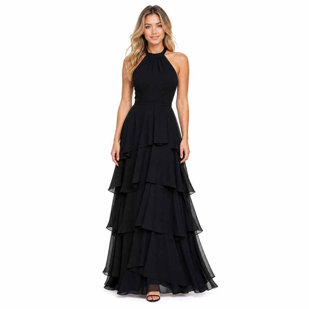 Women's black halter tiered chiffon maxi dress - front