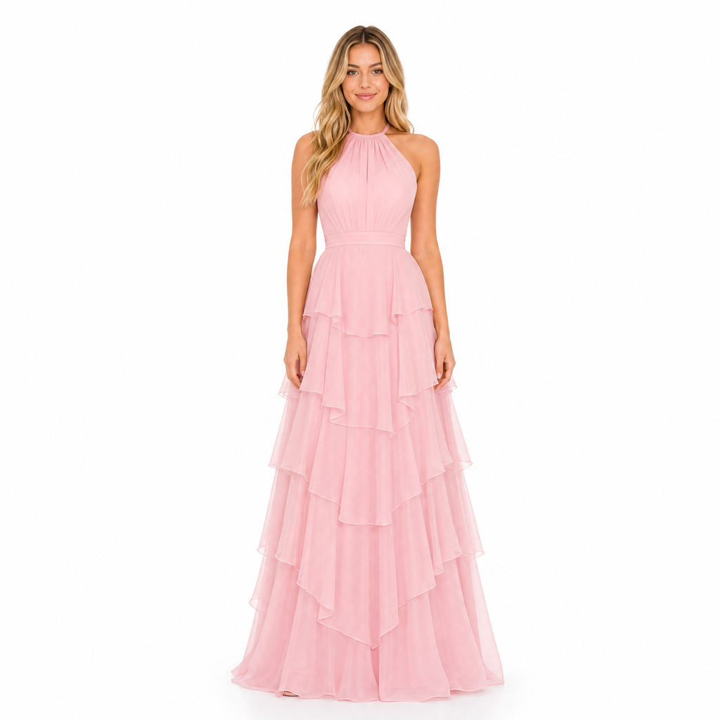 Women's pink halter tiered chiffon maxi dress - front