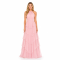 Women's pink halter tiered chiffon maxi dress - front