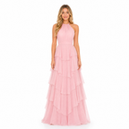 Women's pink halter tiered chiffon maxi dress - front