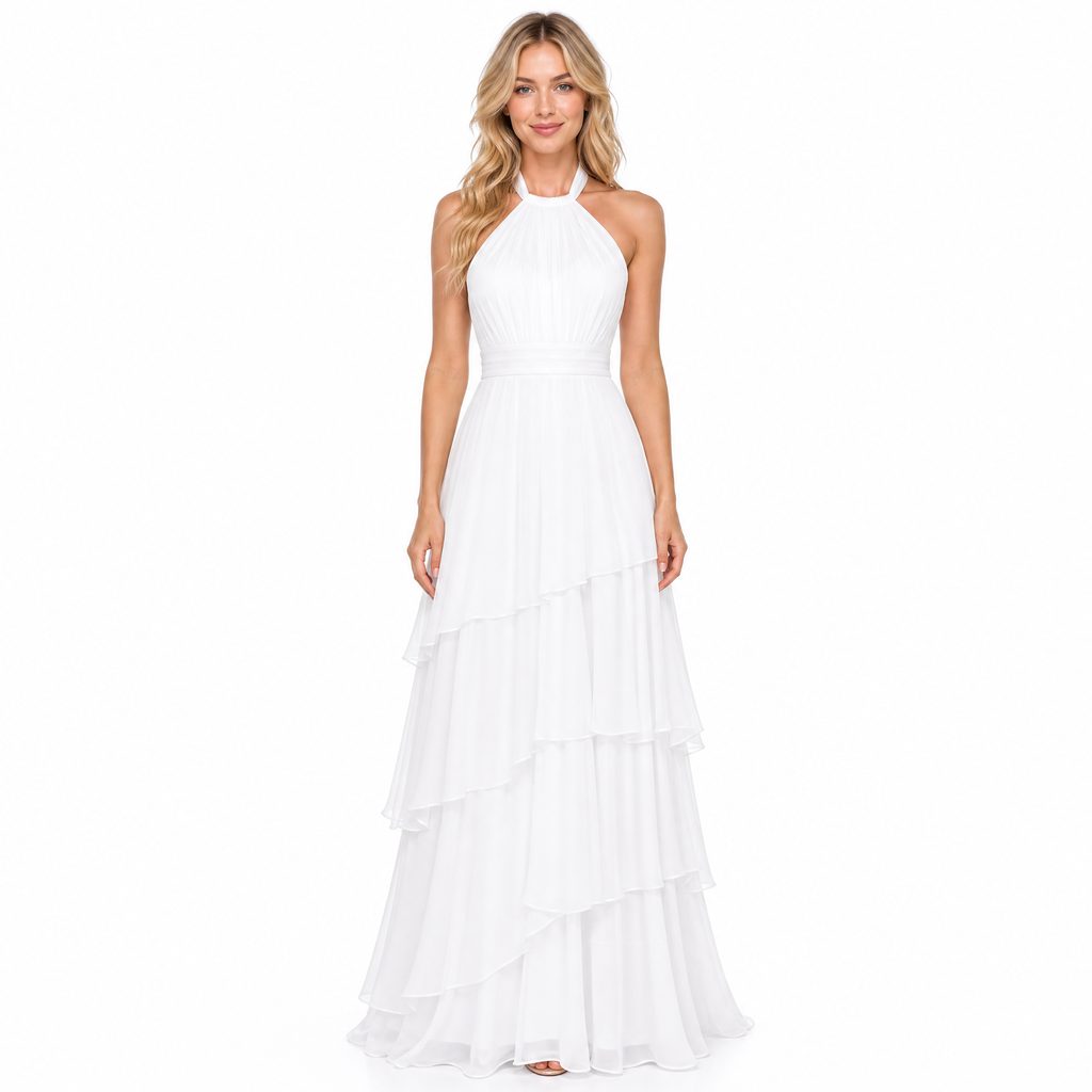 Women's white halter tiered chiffon maxi dress - front