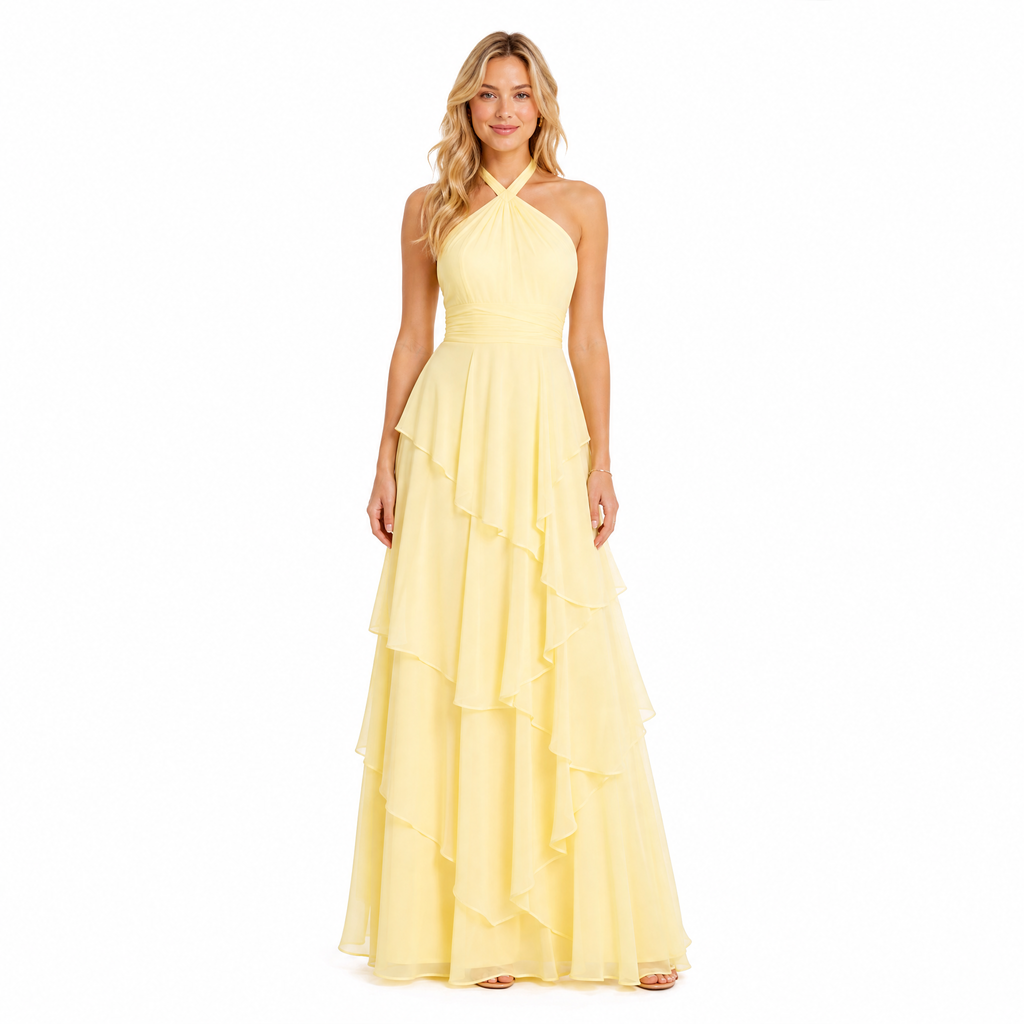 Women's yellow halter tiered chiffon maxi dress - front