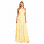Women's yellow halter tiered chiffon maxi dress - front