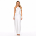 Women's white satin ribbon halter maxi dress - front