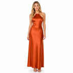 Women's orange satin ribbon halter maxi dress - front