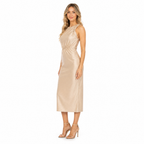 Women's beige satin twisted armhole midi dress - side