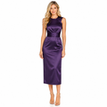 Women's purple satin twisted armhole midi dress - front