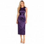 Women's purple satin twisted armhole midi dress - front