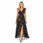Women's black floral V-neck chiffon maxi dress - front