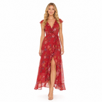 Women's red floral V-neck chiffon maxi dress - front