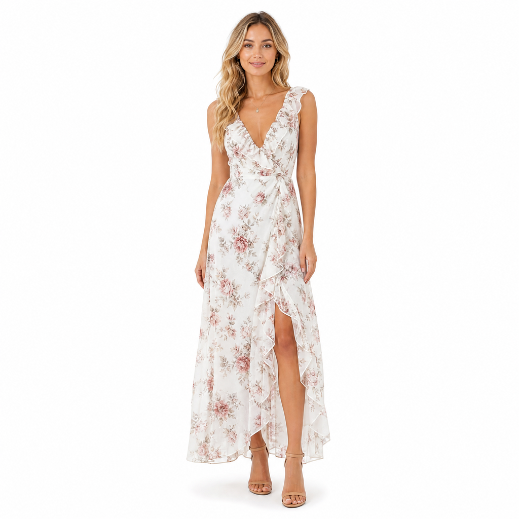 Women's white floral V-neck chiffon maxi dress - front