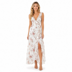 Women's white floral V-neck chiffon maxi dress - front