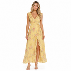 Women's yellow floral V-neck chiffon maxi dress - front
