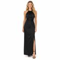 Women's black halter ruched split maxi dress - front