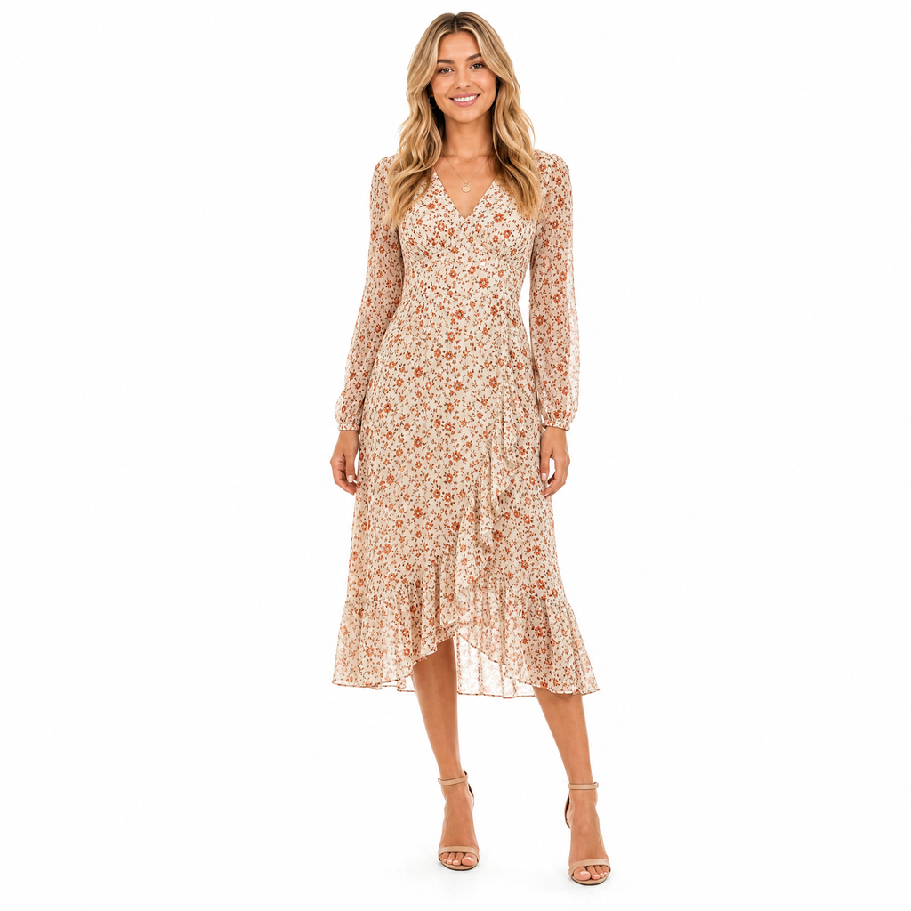 Women's vintage print chiffon long-sleeve midi dress - front