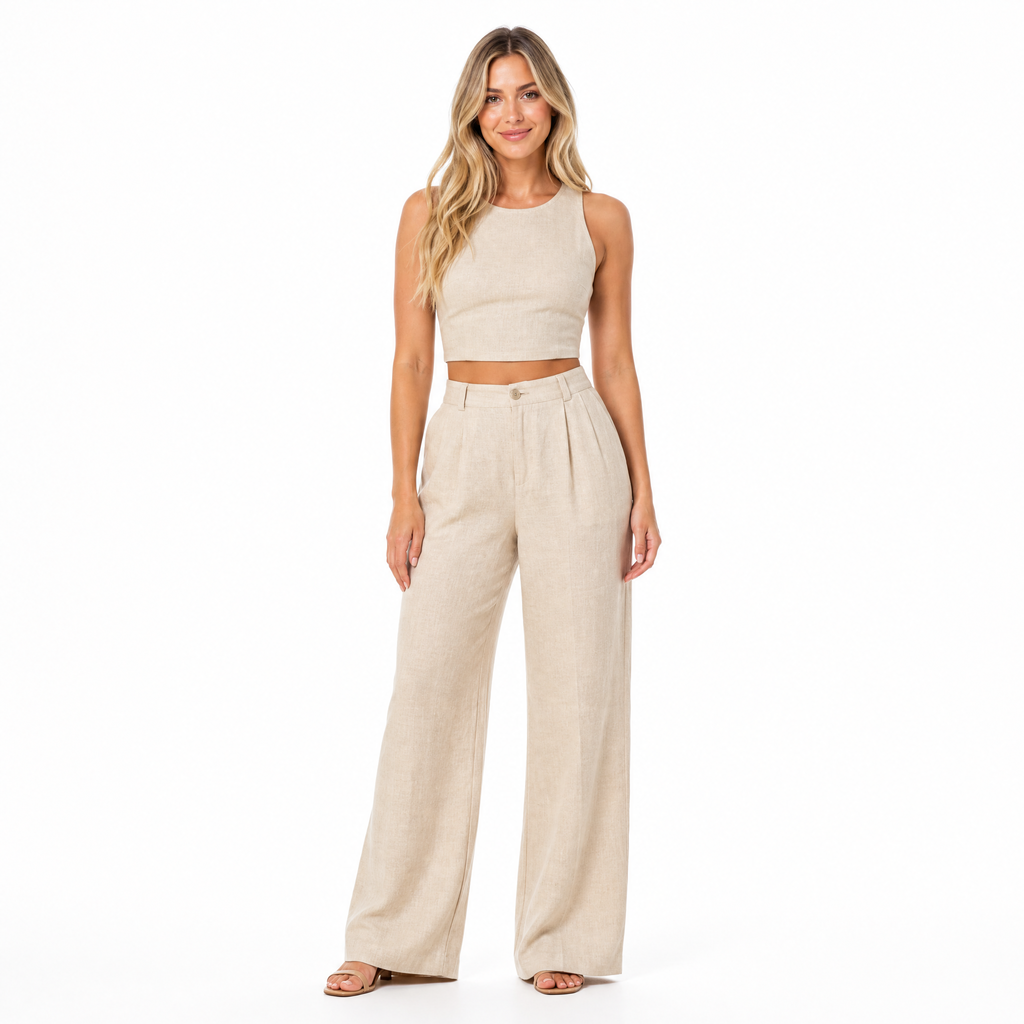 Women's beige linen crop top and wide-leg trouser two-piece set - front