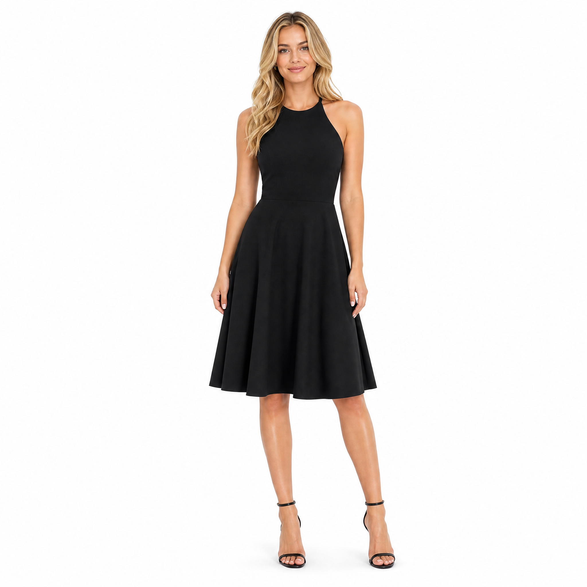 Women's black halter A-line cotton midi dress - front