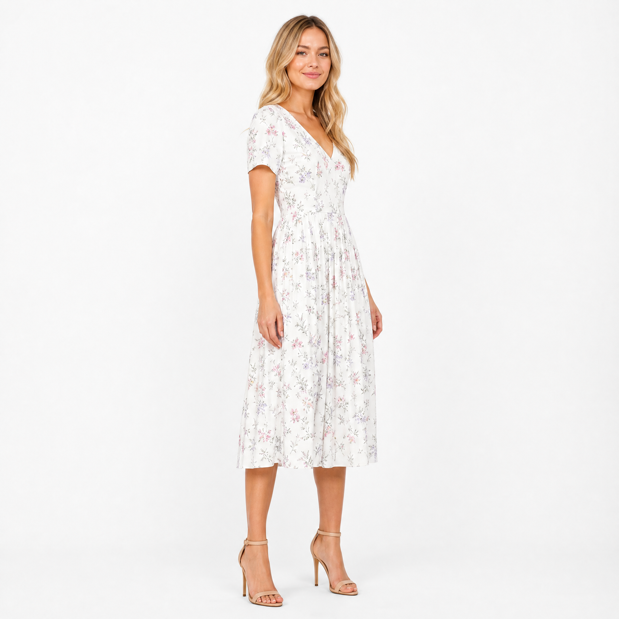 Women's white floral pleated short-sleeve midi dress - side